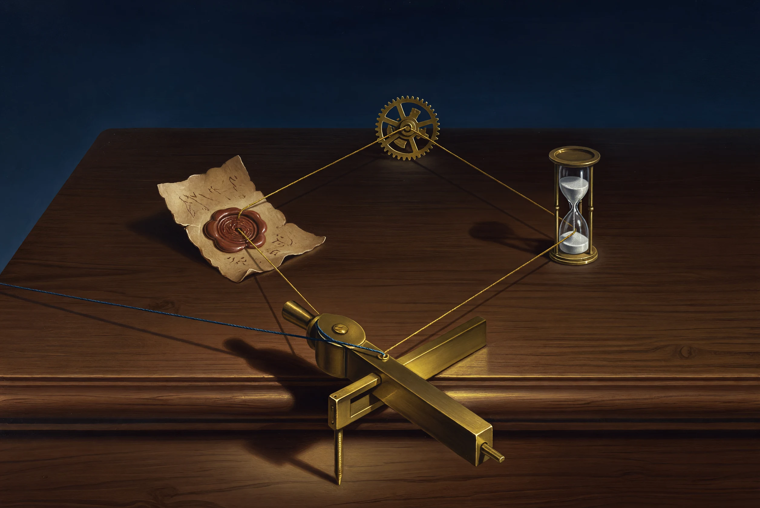 Three evidence objects joined by a gold thread, with a brass clamp stopping a shadow line.