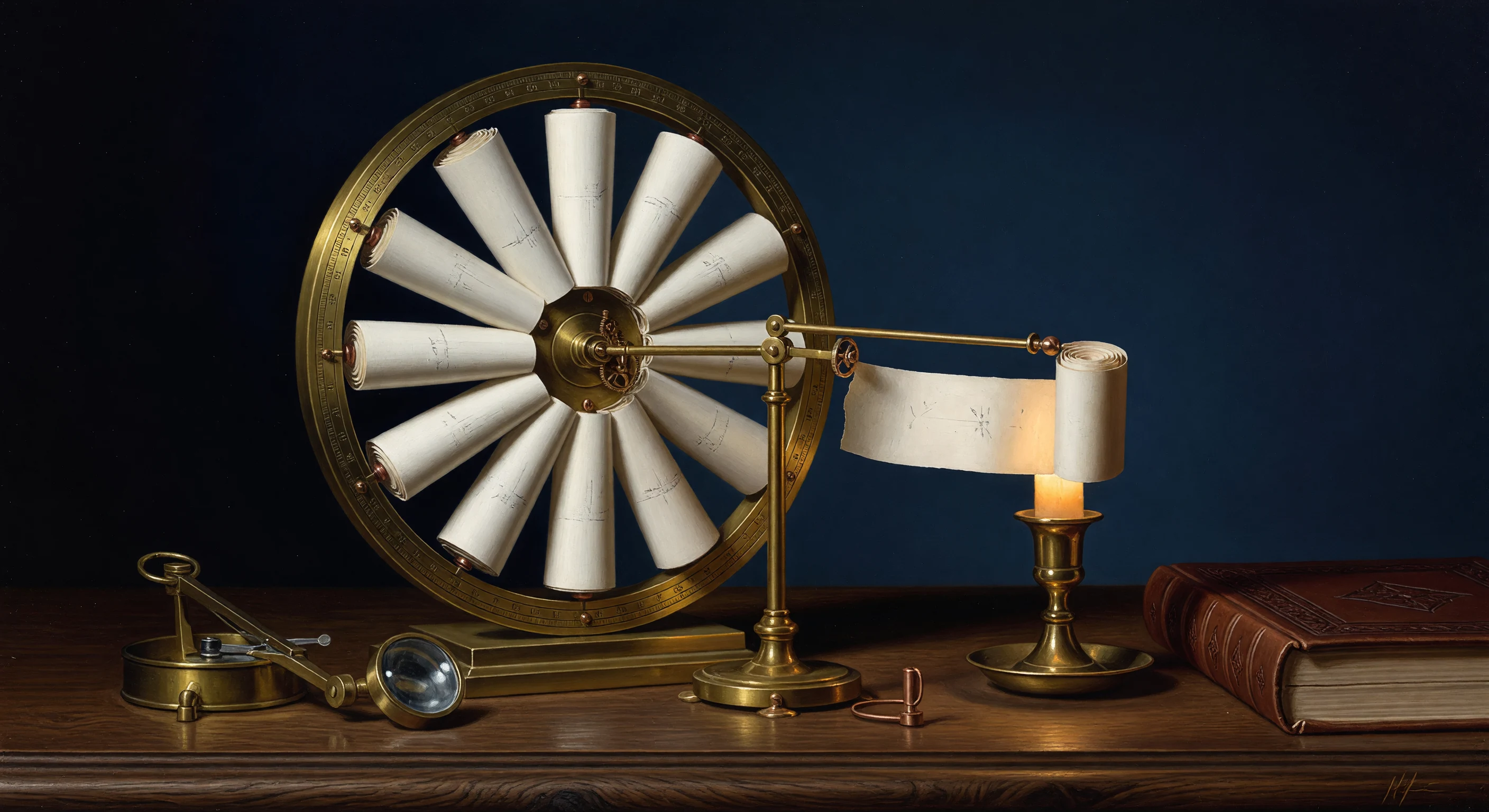 A brass bounded intelligence instrument selects among closed parchment cards on a scholar's desk.
