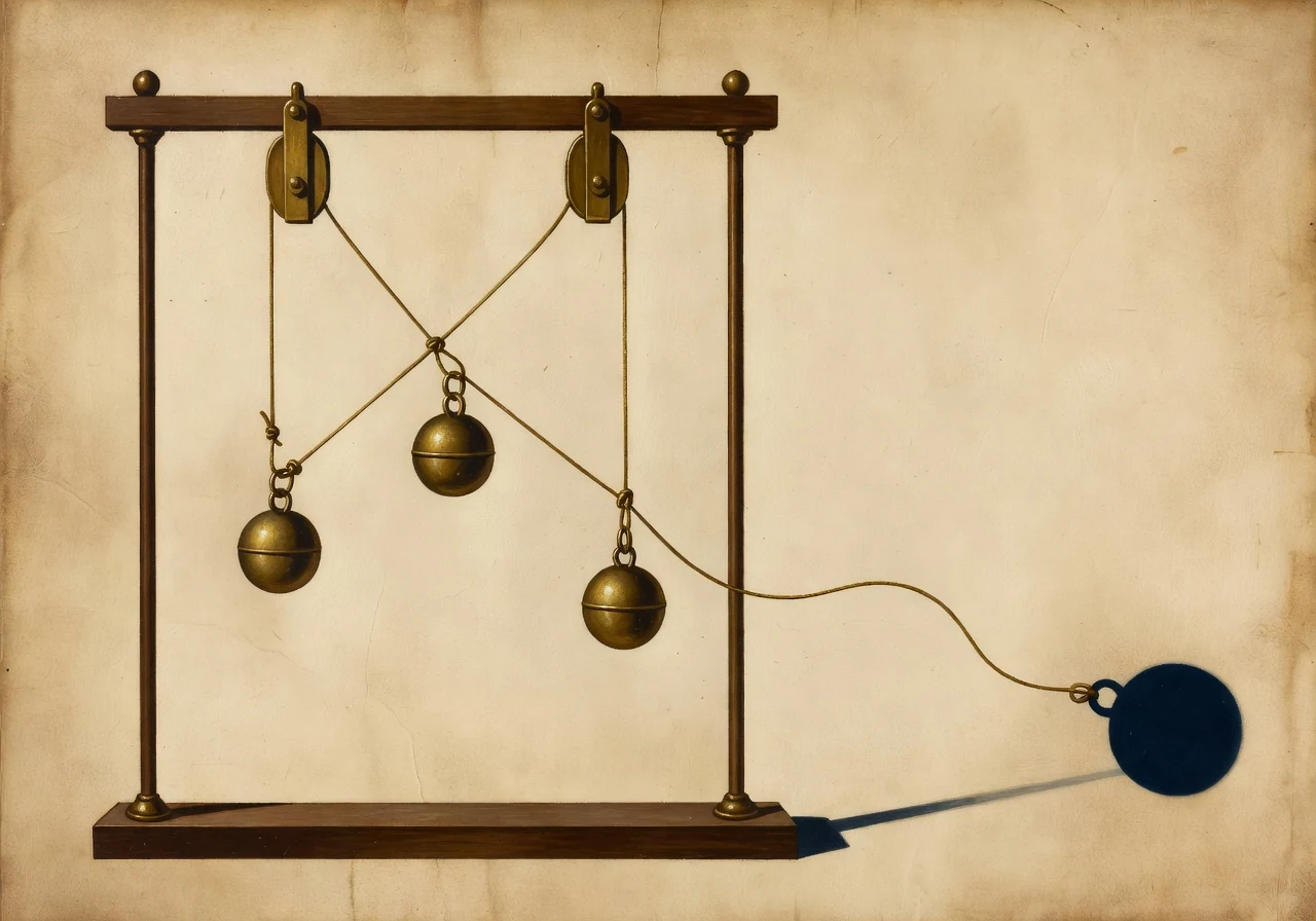 Three brass pulley weights joined by a cord while one wrong thread drifts into shadow.