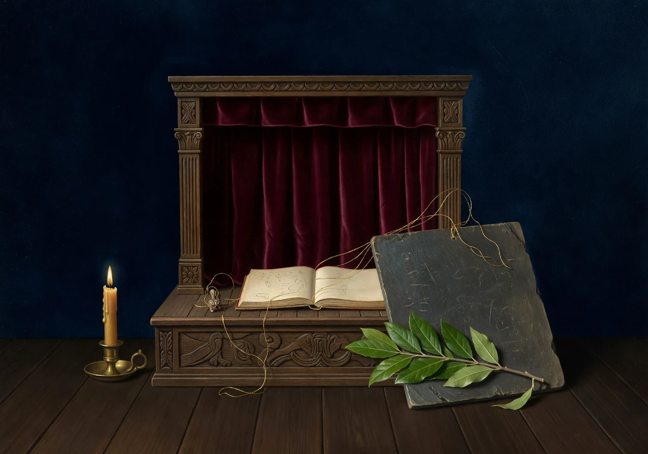 A miniature stage, folio, candle and blank slate connected by thin memory threads.
