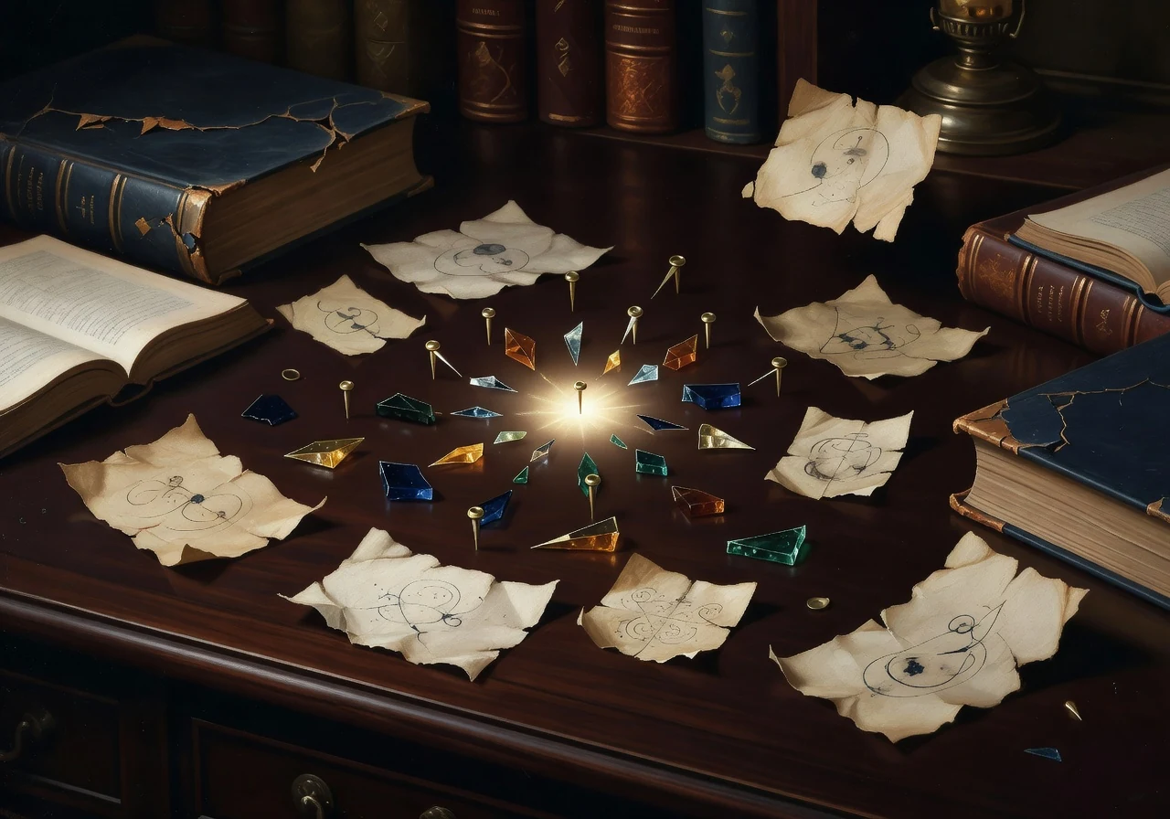 Scattered fragments begin to align into a warm compass-like pattern of inner landmarks.
