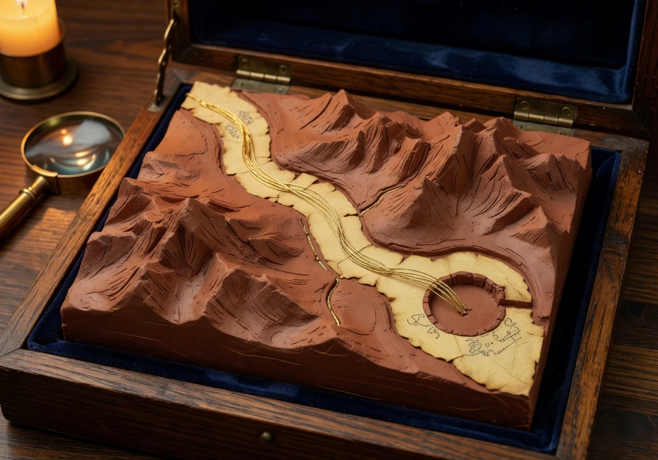 A tactile relief model with a river, pass and port showing geography as pressure and route.