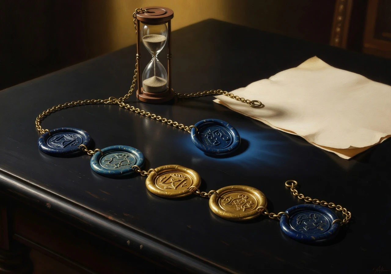 Wax seals connected by a brass chain, with one seal out of order and casting a blue shadow.