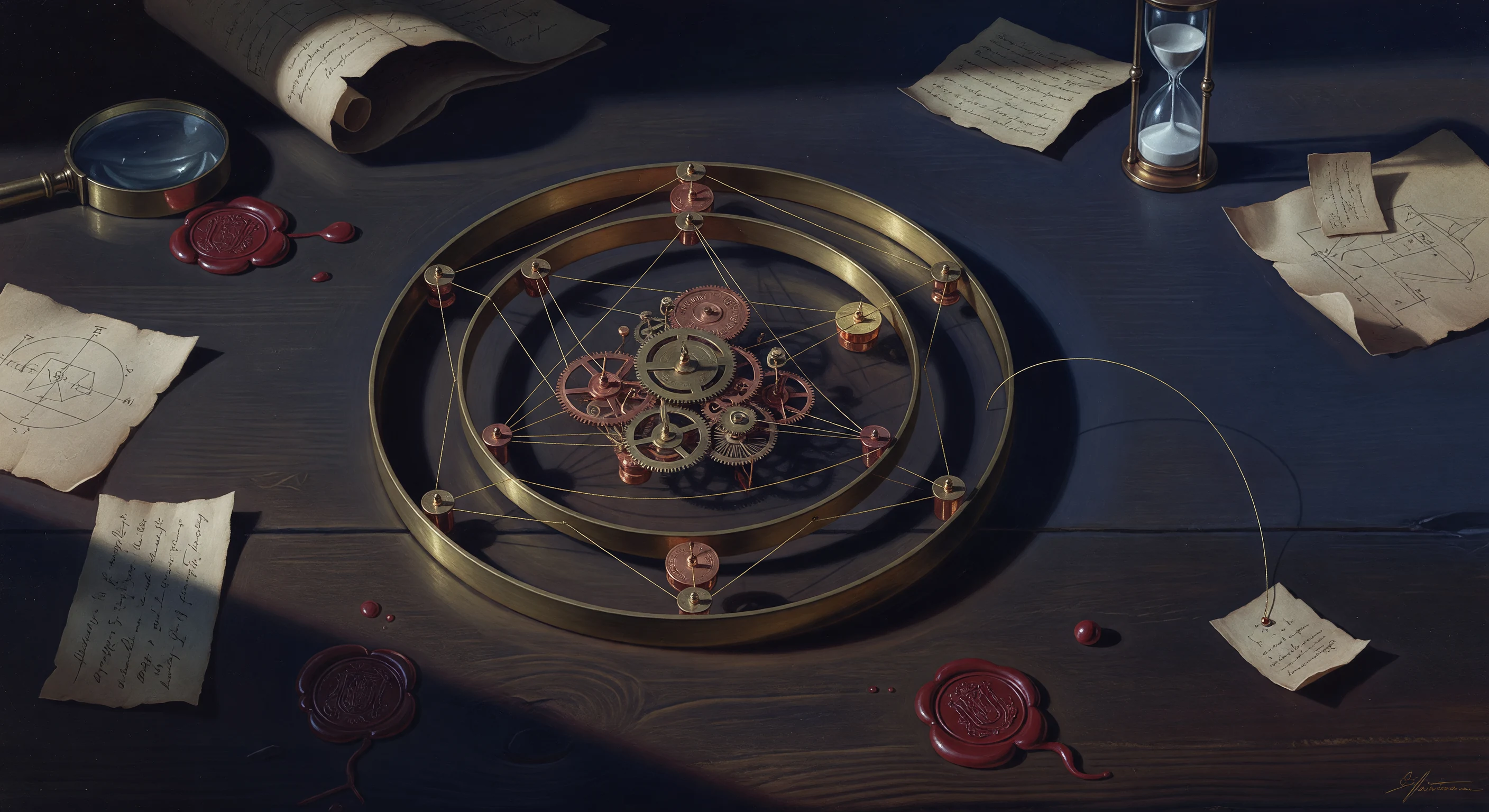 A brass causal mechanism with rings, threads, weights and one line bending into shadow.