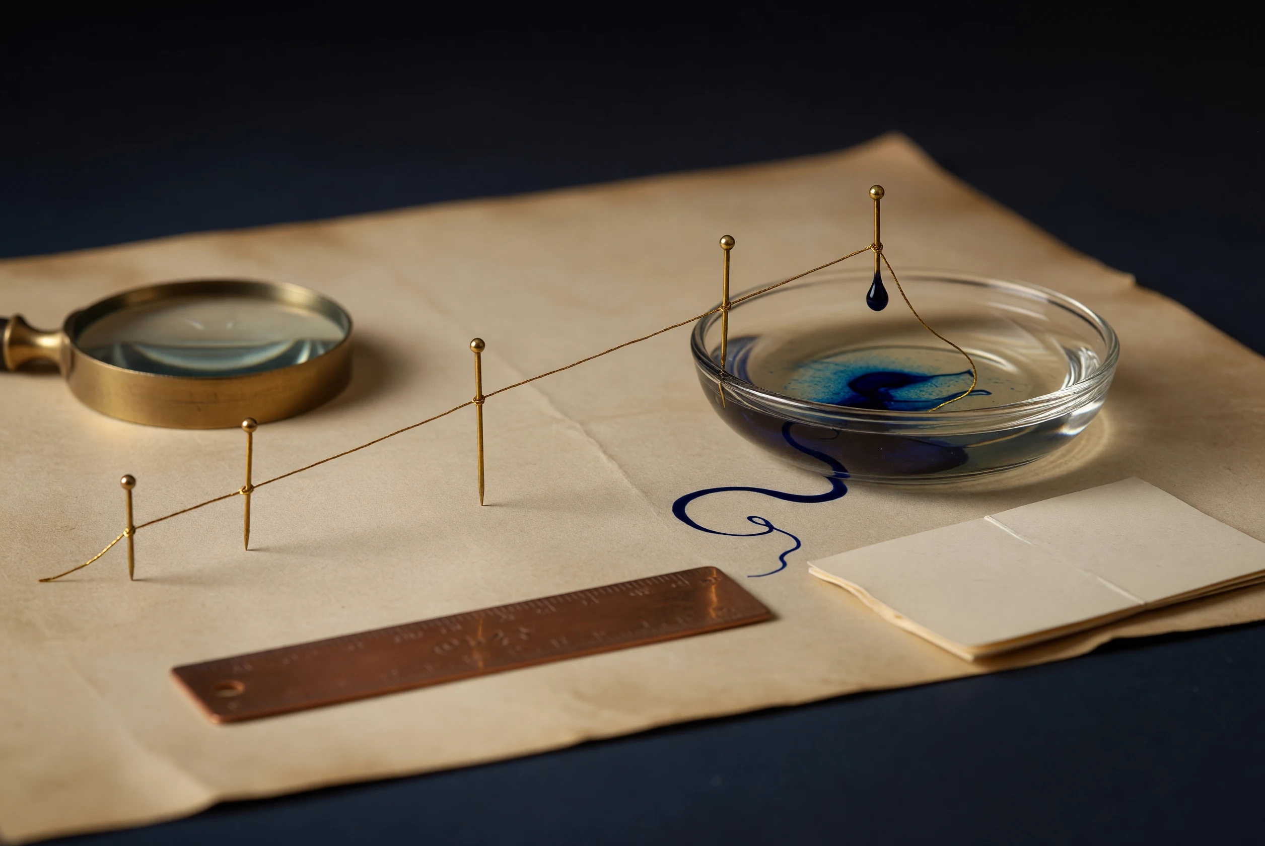 A gold thread passes through brass pins and bends into dark ink water as a shadow reflection.