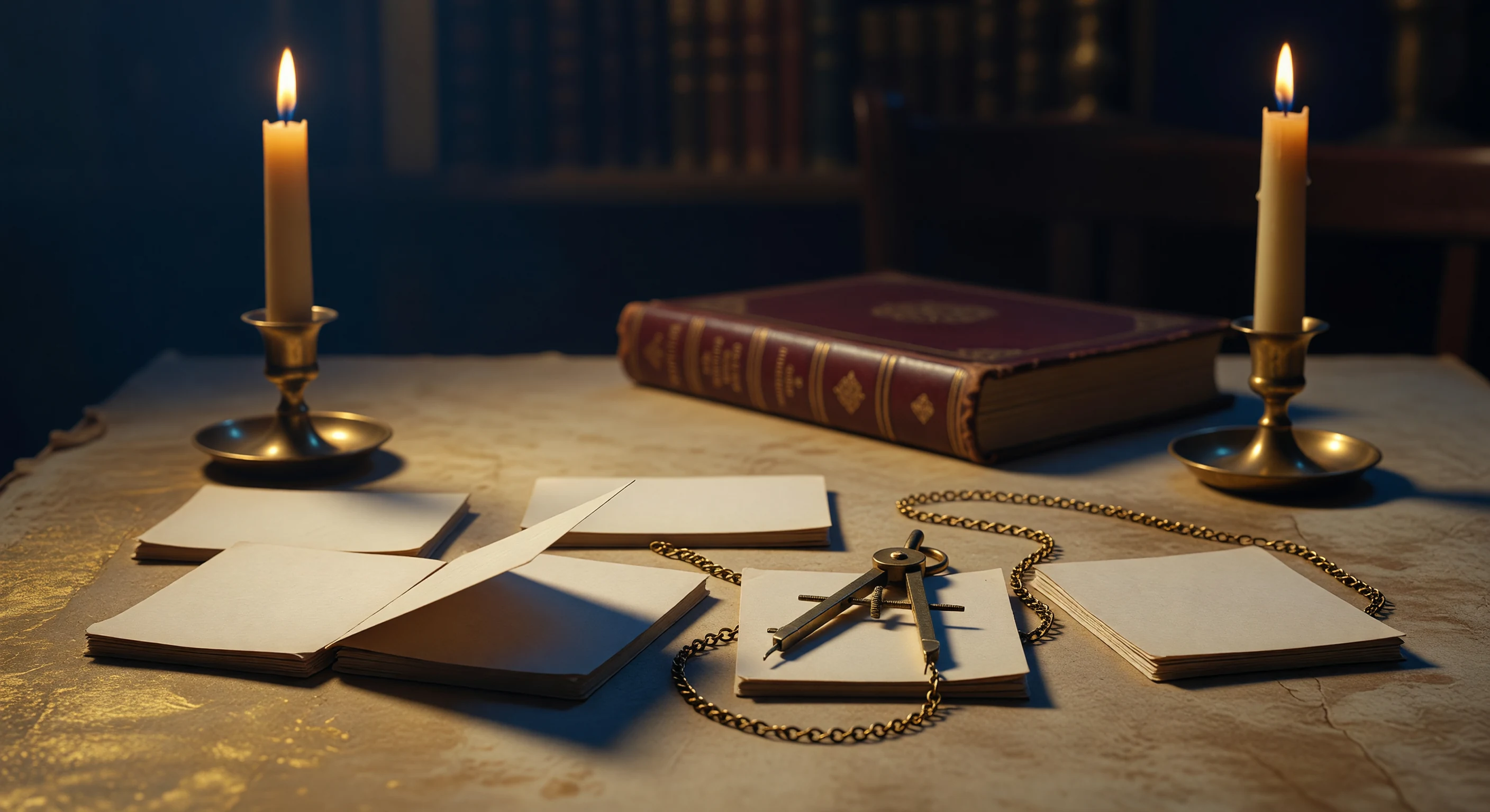 A quiet table of sealed answer cards, candles, a measuring chain and disciplined light.