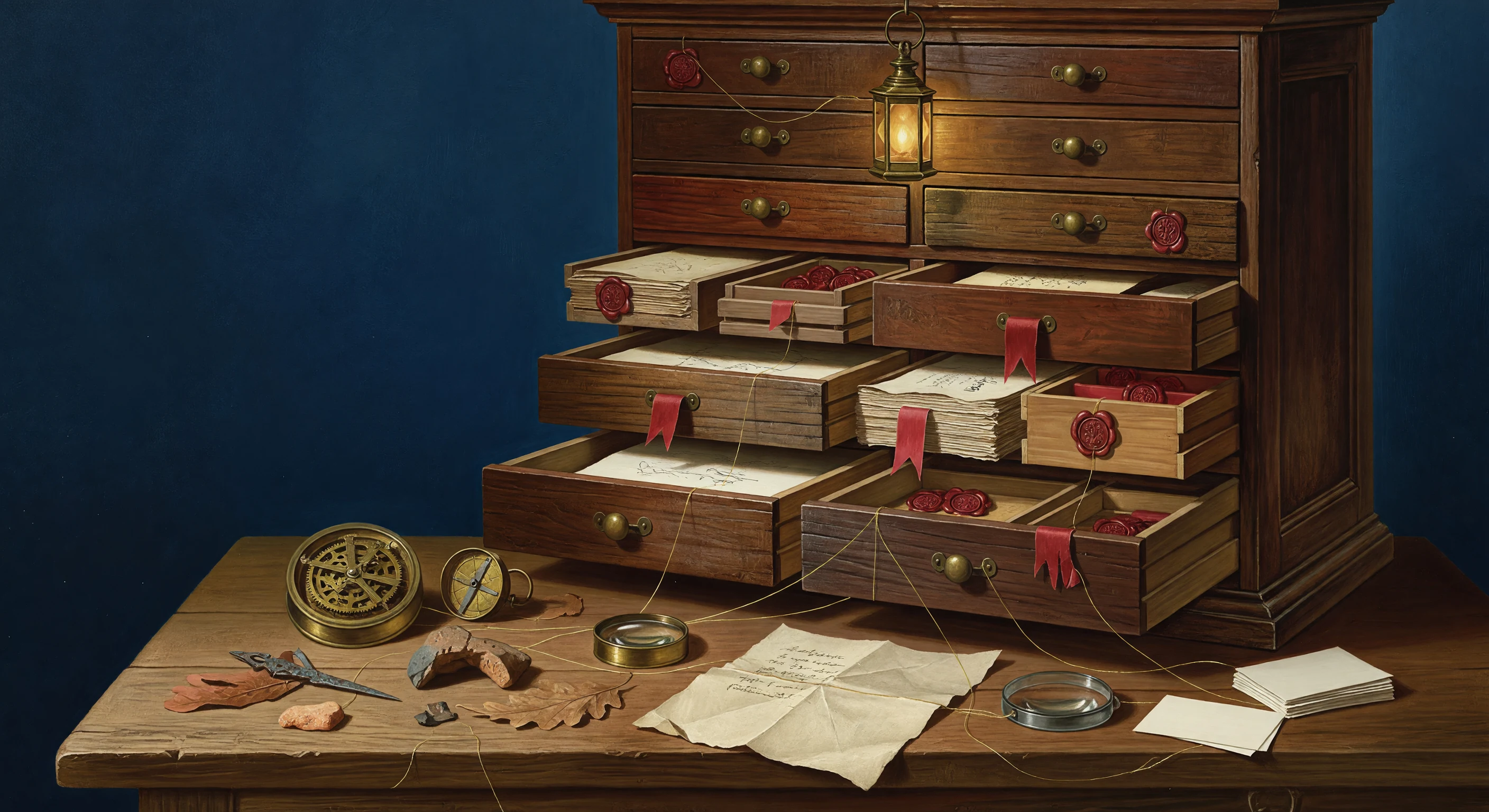 An antique library cabinet with drawers, folios, objects and gold threads of connection.