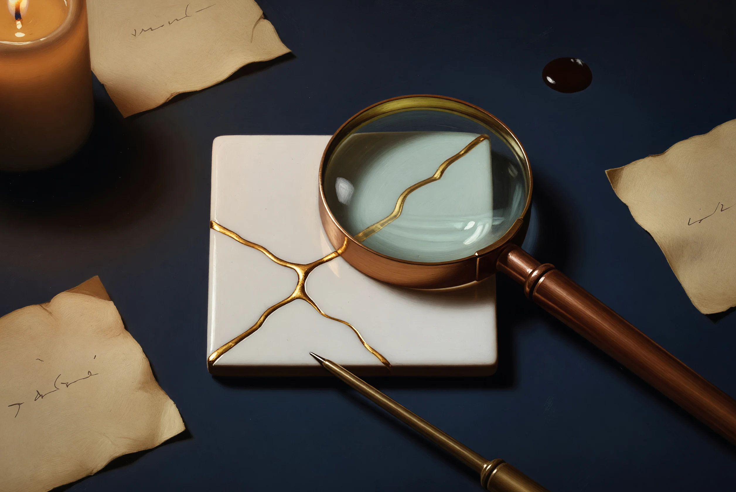 A lens over cracked porcelain where one error path is repaired with a thin gold line.