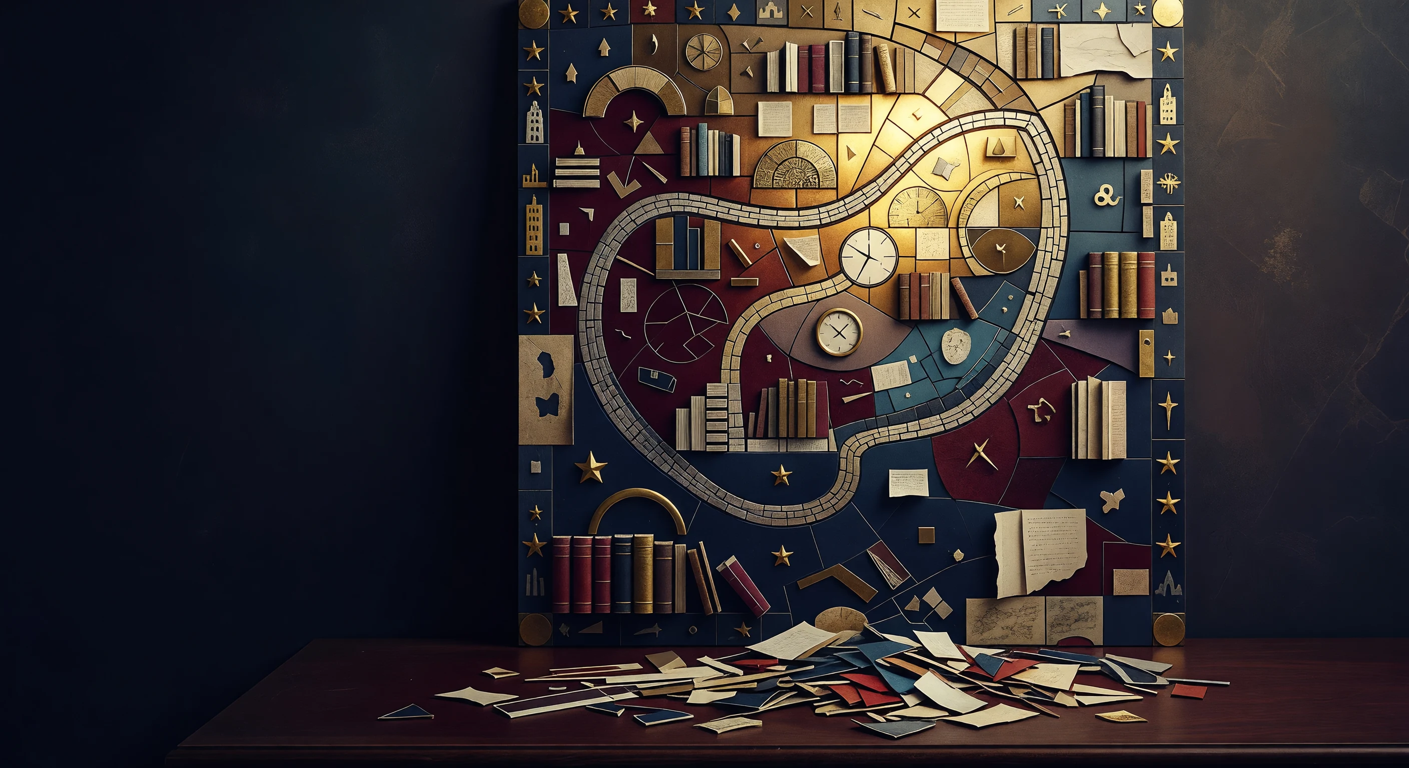 Knowledge fragments assemble into a luminous mosaic panel of stable inner landmarks.