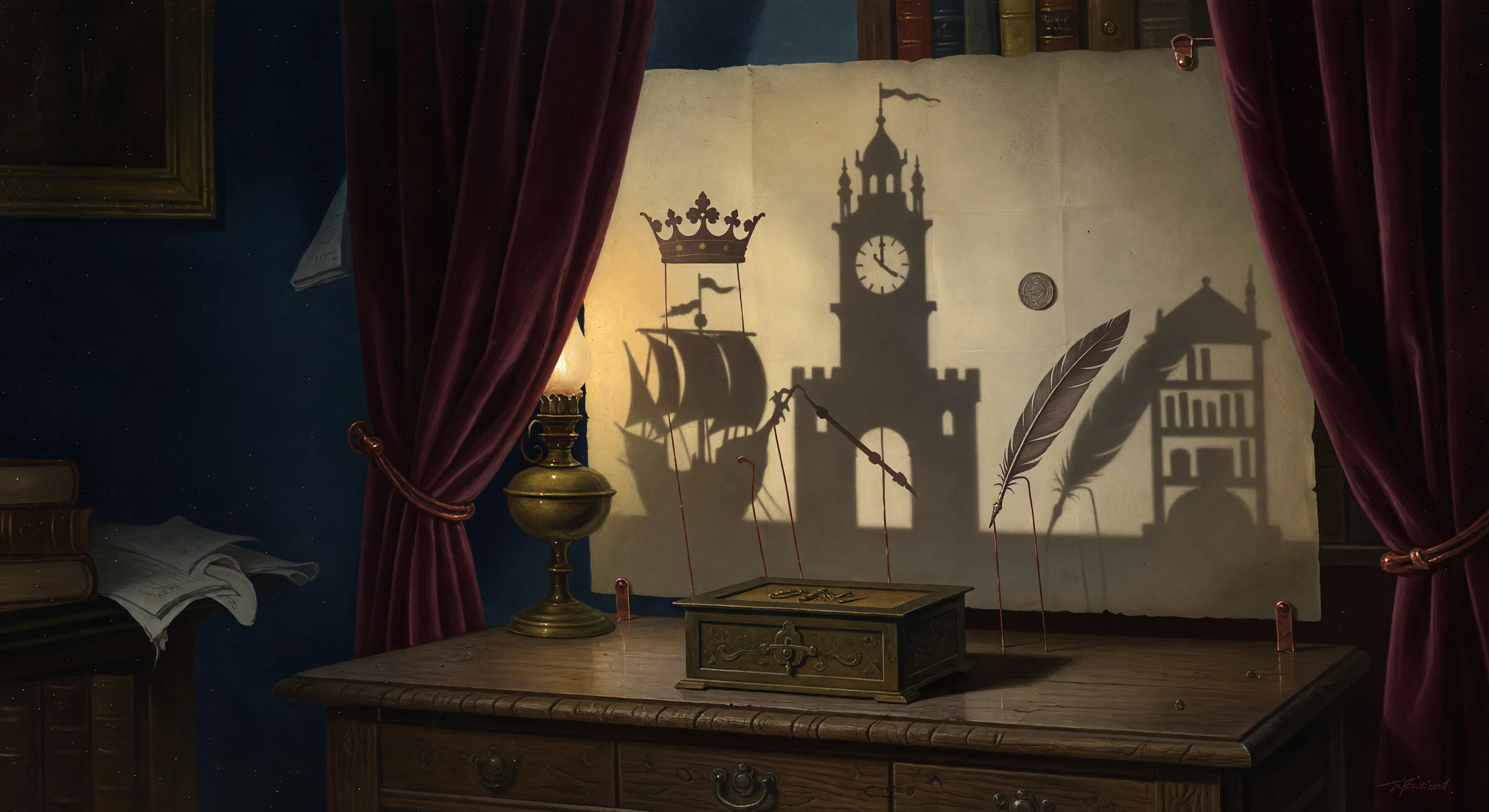 An antique shadow theatre where silhouettes of a ship, crown, clock and books cast displaced links.