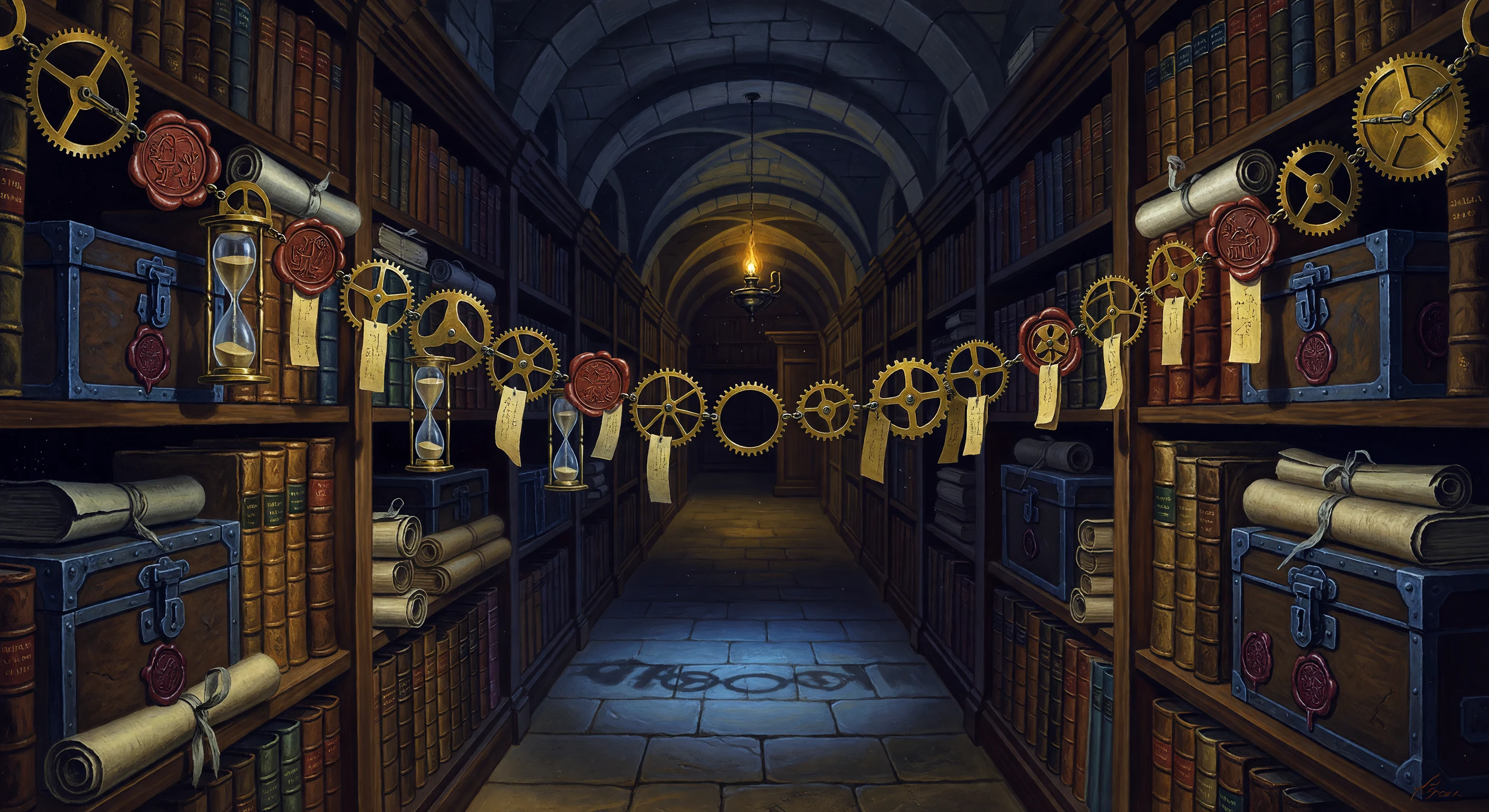 An archive corridor where a chain of clocks, seals and folios recedes like a path through time.