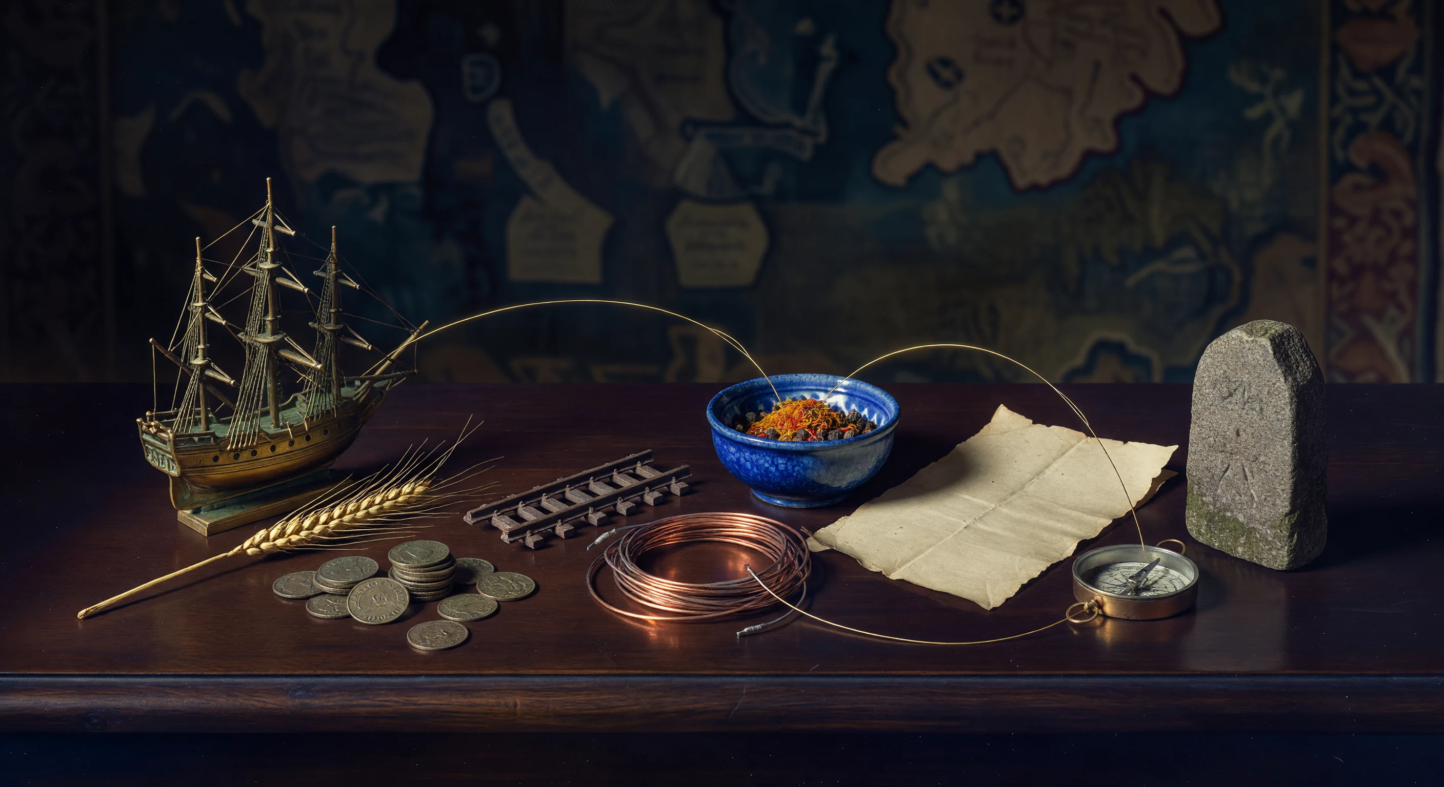 A still life of ship, grain, coins, wire, rail and threads of world-system influence.